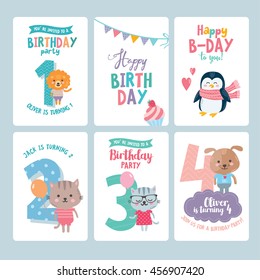 Set Of Greeting Card Design With Cute Animals. Beautiful Template With Numbers And Letters. Lion, Penguin, Cat And Dog Illustration. For Baby Birthday, Party, Invitation.