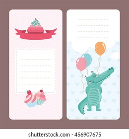 Set of greeting card design with cute crocodile and cakes. Beautiful invitation template. For baby birthday, party, invitation.