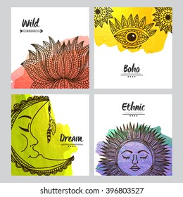 Set of greeting card design with ethnic Lotus Flower, Eye, Moon and Sun in Boho style. Creative doodle design illustration for Invitation, Tattoo and Magic symbols.