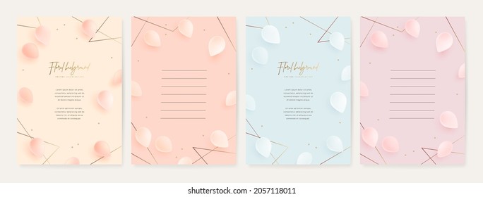 Conjunto de plantillas de diseño de tarjetas de felicitación. Ilustración vectorial de pétalos tulipales realistas y elementos dorados. Fondo floral para afiches, portada, folletos, invitación a la boda