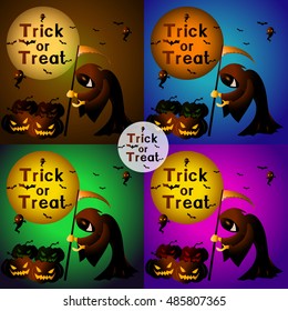 set of greeting card The devil with the scythe event Halloween on four color background