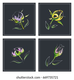 Set of greeting card with different types hand-drawn outline bright beautiful elegant  flowers bud in silver frame on black background