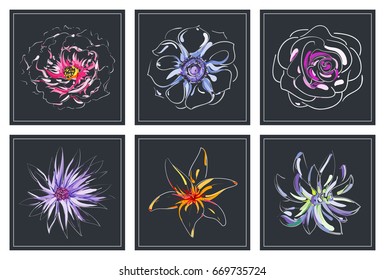 Set of greeting card with different types hand-drawn outline bright beautiful delicate flowers in silver frame on black background