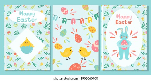 Set of greeting card for Easter. Banners with rabbit or easter bunny, chicken and floral pattern . Flat vector illustration