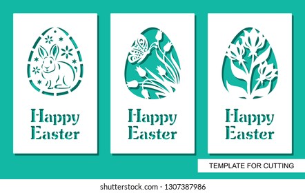 Set of greeting card with eggs and text Happy Easter. Floral pattern, butterfly, tulips and rabbit. White object on a green background. Template for laser cutting, wood carving, paper cut or printing.