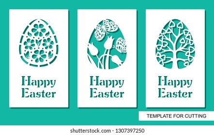 Set of greeting card with eggs and text Happy Easter. Floral pattern and plant theme. White object on a green background. Template for laser cutting, wood carving, paper cut or printing.