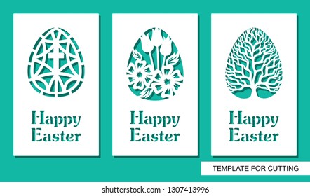 Set of greeting card with eggs and text Happy Easter. Floral pattern and plant theme. White object on a green background. Template for laser cutting, wood carving, paper cut or printing.