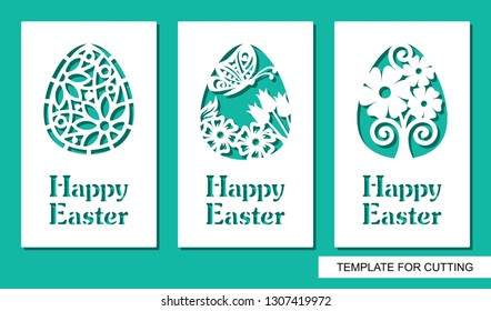 Set of greeting card with eggs and text Happy Easter. Floral pattern and plant theme. White object on a green background. Template for laser cutting, wood carving, paper cut or printing.
