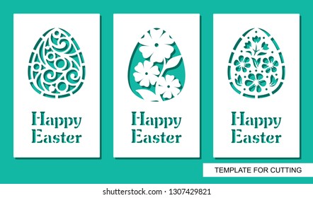 Set of greeting card with eggs and text Happy Easter. Floral pattern and plant theme. White object on a green background. Template for laser cutting, wood carving, paper cut or printing.