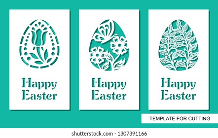 Set of greeting card with eggs and words Happy Easter. Floral pattern and plant theme. White object on a green background. Template for laser cutting, wood carving, paper cut or printing.
