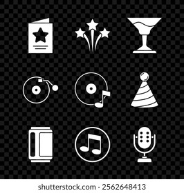 Set Greeting card, Firework, Cocktail, Beer can, Music note, tone, Microphone, Vinyl player with disk and  icon. Vector