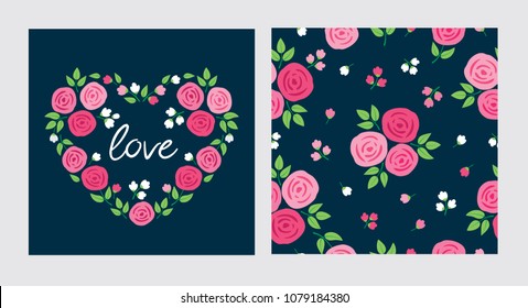 Set or greeting card and floral seamless patterns with hand drawn roses for textile, wallpapers, gift wrap and scrapbook.  Vector illustration.