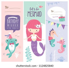 Set of greeting card/ gift tag design with cute little mermaid and marine life cartoon character