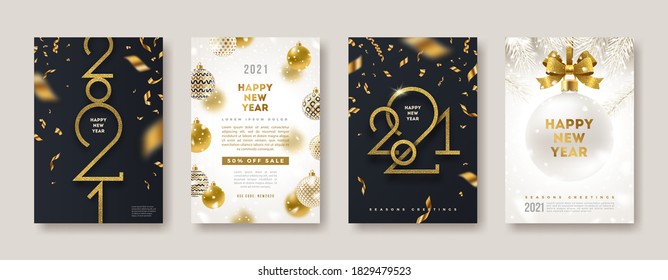 Set of greeting card with golden 2021 New Year logo. New year glitter gold sign, Vector illustration. Holiday design for greeting card, invitation, cover, calendar, etc.