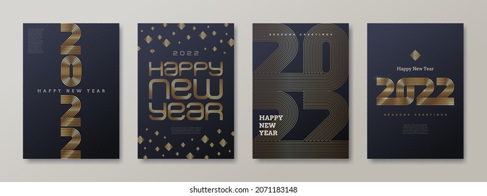 Set of greeting card with golden 2022 New Year logo. New year golden sign, Vector illustration. Holiday design for greeting card, invitation, cover, calendar, etc