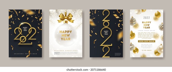 Set of greeting card with golden 2022 New Year logo. New year glitter gold sign, Vector illustration. Holiday design for greeting card, invitation, cover, calendar, etc.