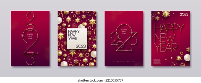 Set of greeting card with golden 2023 New Year logo. New year golden sign, Background with Christmas decorations. Vector illustration. Holiday design for greeting card, invitation, cover, calendar.