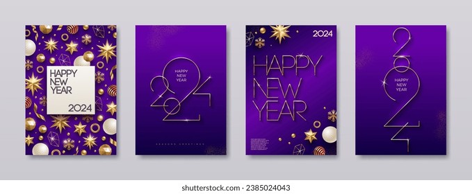 Set of greeting card with golden 2024 New Year logo. New year golden sign, Background with Christmas decorations. Vector illustration. Holiday design for greeting card, invitation, cover, calendar.