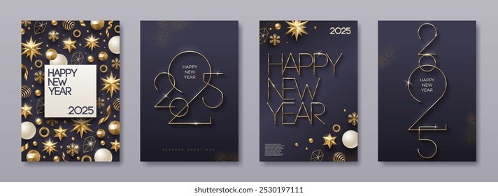 Set of greeting card with golden 2025 New Year logo. New year golden sign, Background with Christmas decorations. Holiday design for greeting card, invitation, cover, calendar, etc. Vector illustratio