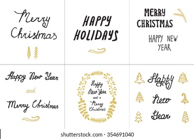 Set greeting card hand drawn fir tree branches with Xmas calligraphy Lettering Happy Holidays, New Year and Merry Christmas. Handwritten holiday vector illustration