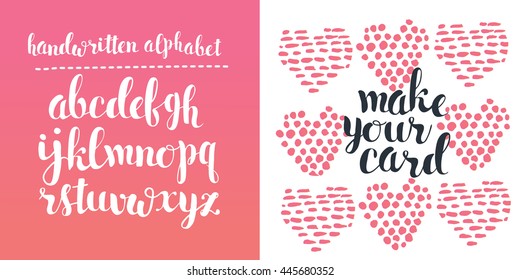 Set for greeting card. Handwritten alphabet and hand drawn heart. Make your lettering card