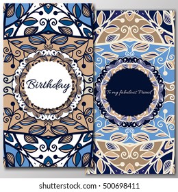 set of greeting card happy birthday. decorated with very detailed doodles