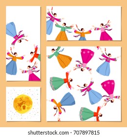 Set of Greeting card "Happy Chuseok!" with the Ganggangsullae folk dance. Korean traditional Mid Autumn. Template. Vector illustration