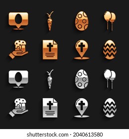 Set Greeting card with Happy Easter, Balloons ribbon, egg, Map pointer christian cross, Human hand and easter cake, Speech bubble and Carrot icon. Vector