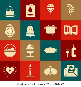 Set Greeting card with Happy Easter, Wine bottle glass, Holy bible book, Balloons ribbon, Ringing bell, egg, cake and candle and Egg hot pot icon. Vector