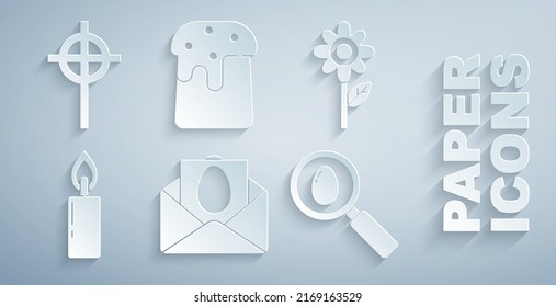 Set Greeting card with Happy Easter, Flower, Burning candle, Search easter egg, cake and Christian cross icon. Vector