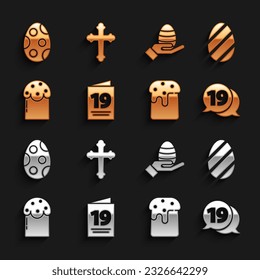 Set Greeting card with Happy Easter, egg, Speech bubble happy easter, cake, Human hand and,  and Christian cross icon. Vector