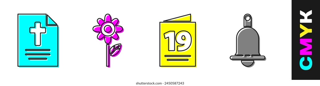 Set Greeting card with Happy Easter, Flower, Greeting card with Happy Easter and Ringing bell icon. Vector
