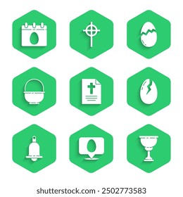 Set Greeting card with Happy Easter, Speech bubble easter egg, Christian chalice, Broken, Ringing bell, Basket,  and Calendar icon. Vector