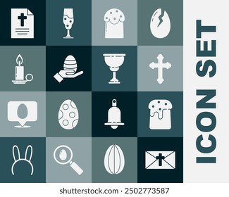 Tarjeta de felicitación con la Pascua feliz, torta, cruz cristiana, mano humana y huevo de Pascua, candelabro de vela ardiente, e icono del cáliz. Vector