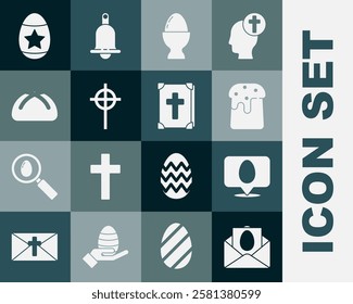 Set Greeting card with Happy Easter, Speech bubble easter egg, cake, on stand, Christian cross,  and Holy bible book icon. Vector