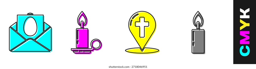 Set Greeting card with Happy Easter, Burning candle in candlestick, Map pointer with christian cross and Burning candle icon. Vector
