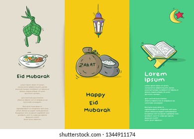 set greeting card happy eid mubarak with muslim cartoon element, ketupat, lantern and quran vector