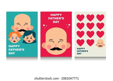 Set of greeting card Happy Father's Day and characters of father, dauther and son on background. Set of flat backgrounds for social media, stories, banners, invitation card, poster, greeting card.