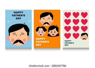 Set of greeting card Happy Father's Day and asian characters of father, dauther and son on background. Set of flat backgrounds for social media, stories, banners, invitation, greeting card, poster.