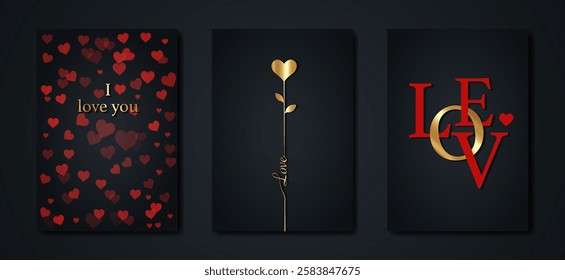 set greeting card, Happy Valentines day or Mothers day on black background. I Love You holiday poster gold and red text. Concept luxury banner, flyer, party invitation, jewelry, gift shop. Vector