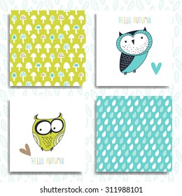 Set of greeting card: Hello autumn. Creative hand drawn card with cute owls. Vector illustration.