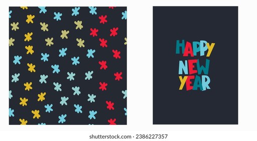 A set of greeting card and holiday wrapping pattern in the same style, for home decor and textiles. Christmas and New Year Cozy Holiday Design