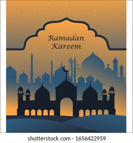 Set of greeting card illustration Ramadan kareem, beautiful watercolor of Mosque and arabic islamic calligraphy.