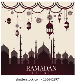 Set of greeting card illustration Ramadan kareem, beautiful watercolor of Mosque and arabic islamic calligraphy.