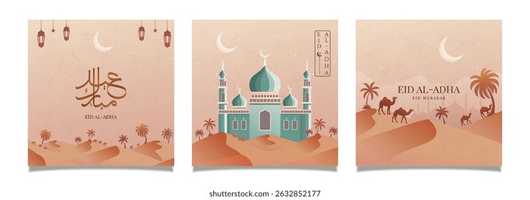 Set Greeting Card Illustrations of Eid Al Adha featuring a mosque, crescent moon, desert landscapes, and festive elements. Ideal for cultural celebrations, greetings, and Islamic traditions.
