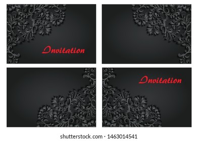 Set greeting card Invitation, 3d illustration dark black floral pattern, isolated on grey background Ornamental background for your design wallpapers, pattern fills, web page backgrounds,  textures