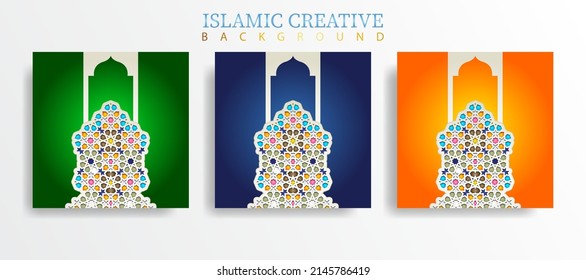 Set greeting card islamic background template with design technique made with texture and decorative colorful details of Islamic art ornaments floral mosaic vector illustration. Premium vector