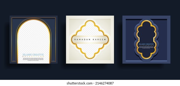 Set greeting card islamic background template with design technique made with texture and decorative colorful details of Islamic art ornaments floral mosaic vector illustration. Premium vector