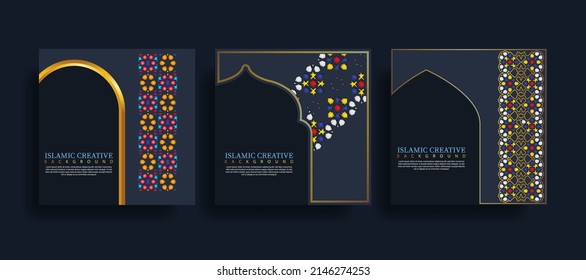 Set greeting card islamic background template with design technique made with texture and decorative colorful details of Islamic art ornaments floral mosaic vector illustration. Premium vector