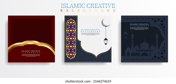 Setzen Sie eine Grußkartenvorlage für islamischen Hintergrund mit Design-Technik aus Textur und dekorativen bunten Details von islamischen Kunstverzierungen Blumenmosaik Vektorgrafik. Premium-Vektorgrafik